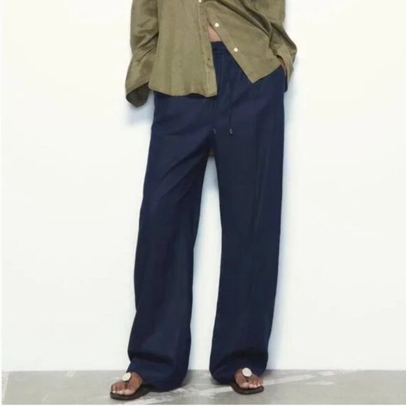 ZARA Dark Blue Linen Blend Casual Wide Leg Drawstring Pants with Pockets Small - Picture 1 of 5